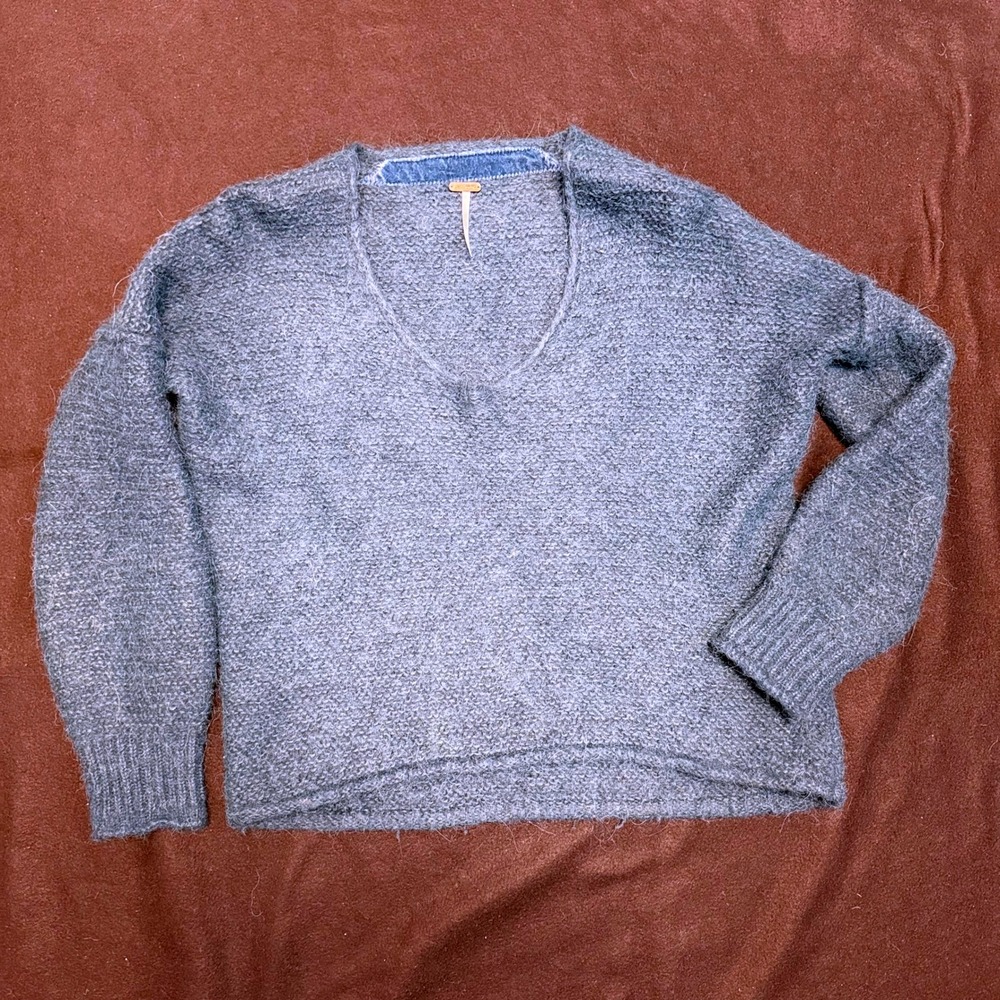 Free‎ People Sweater XS Blue Green Knit V Neck Alpaca Cotton Blend